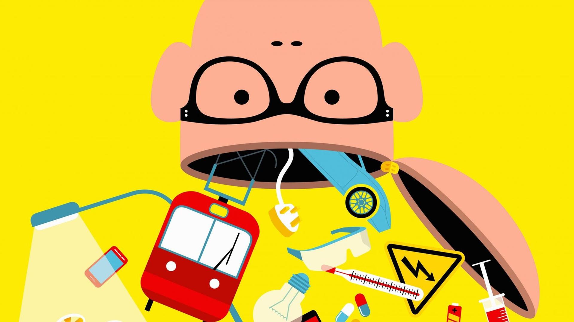 Illustration eines Studenten, aus dessen Kopf Symbole für die MINT-Fächer purzeln. Illustration eines Studenten, aus dessen Kopf Symbole für die MINT-Fächer purzeln.