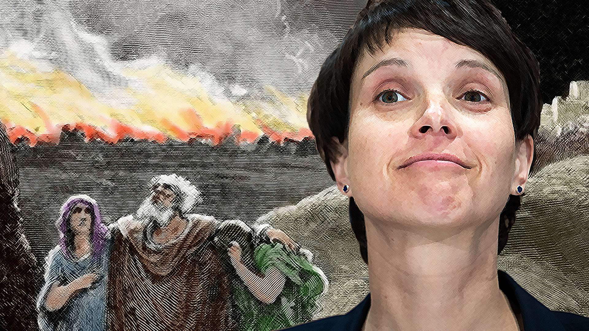 Ein Bildnis der Zerstörung von Sodom und Gomorra - und AfD-Politikerin Frauke Petry. Ein Bildnis der Zerstörung von Sodom und Gomorra - und AfD-Politikerin Frauke Petry.