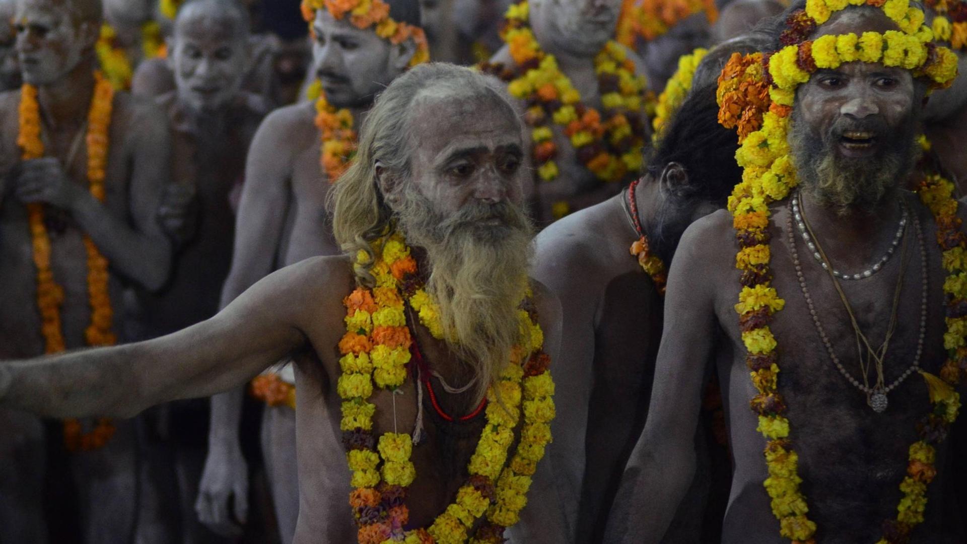 Ankunft von Naga Sadhus beim Kumbh Mela- Fest in Allahabad im Februar 2019 Ankunft von Naga Sadhus beim Kumbh Mela- Fest in Allahabad im Februar 2019