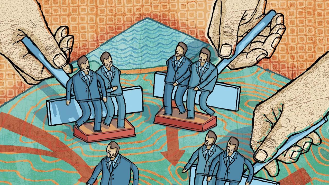 Illustration von Händen, die einige Spielfiguren mit einem Rechen über ein Brett schieben. Illustration von Händen, die einige Spielfiguren mit einem Rechen über ein Brett schieben.
