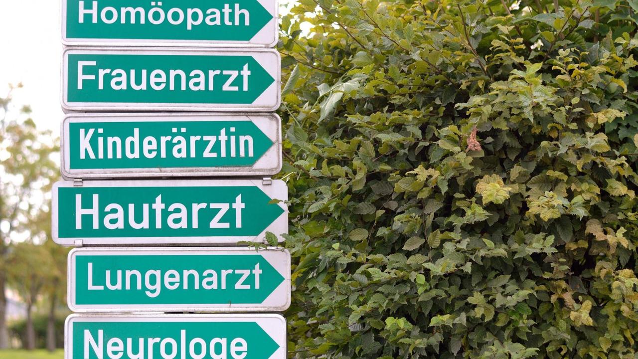 Schilder mit beschrifteten Pfeilen zu Fachärzten wie Homöopath, Kinderärztin oder Neurologe. Schilder mit beschrifteten Pfeilen zu Fachärzten wie Homöopath, Kinderärztin oder Neurologe.
