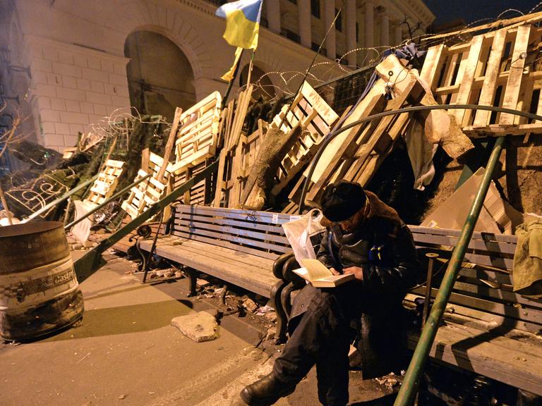 Ein Demonstrant vor den Barrikaden in Kiew