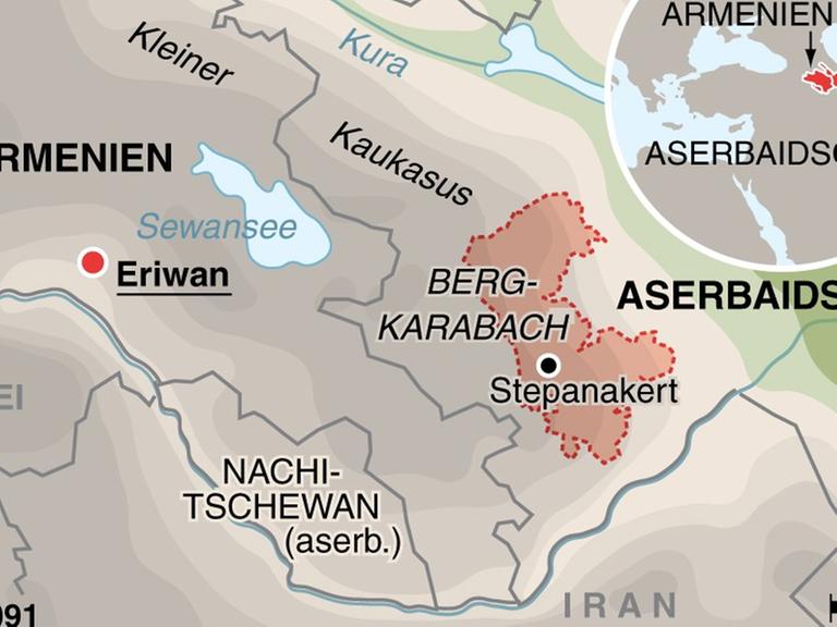 Eine Landkarte des Konfliktgebietes Berg-Karabach im Südkaukasus.