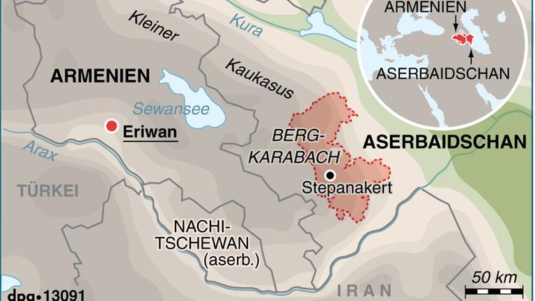 Eine Landkarte des Konfliktgebietes Berg-Karabach im Südkaukasus. Eine Landkarte des Konfliktgebietes Berg-Karabach im Südkaukasus.