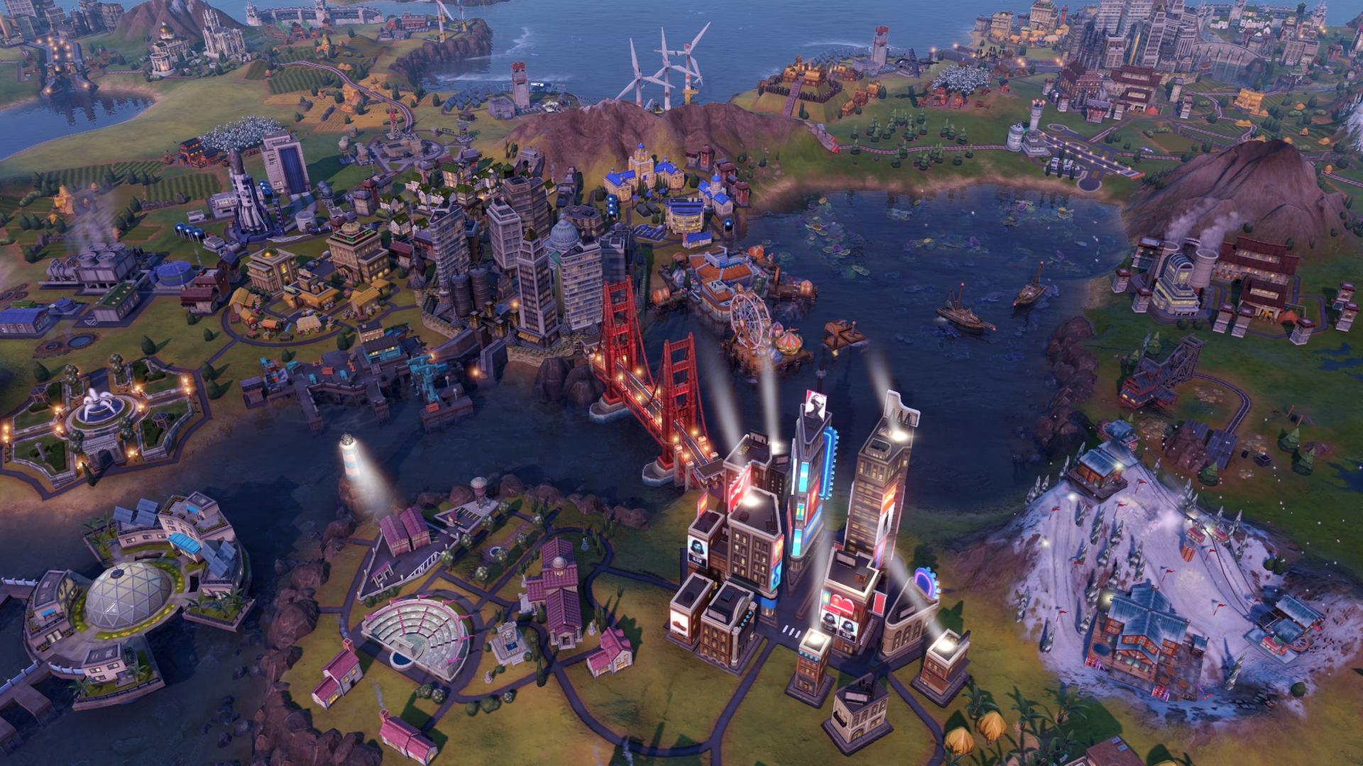 Das Bild aus „Civilization VI – Gathering Storm“ zeigt eine Landschaft einer Küstenstadt mit Hochhäusern und Schiffen Das Bild aus „Civilization VI – Gathering Storm“ zeigt eine Landschaft einer Küstenstadt mit Hochhäusern und Schiffen