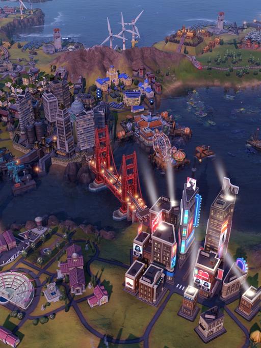 Das Bild aus „Civilization VI – Gathering Storm“ zeigt eine Landschaft einer Küstenstadt mit Hochhäusern und Schiffen