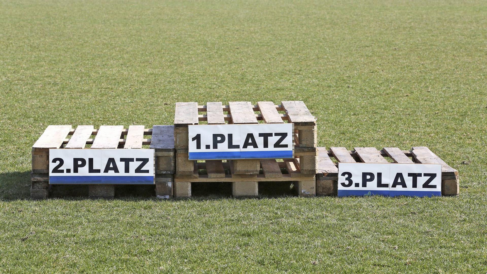 Ein Siegespodest aus Europaletten steht auf dem Rasen. Ein Siegespodest aus Europaletten steht auf dem Rasen.
