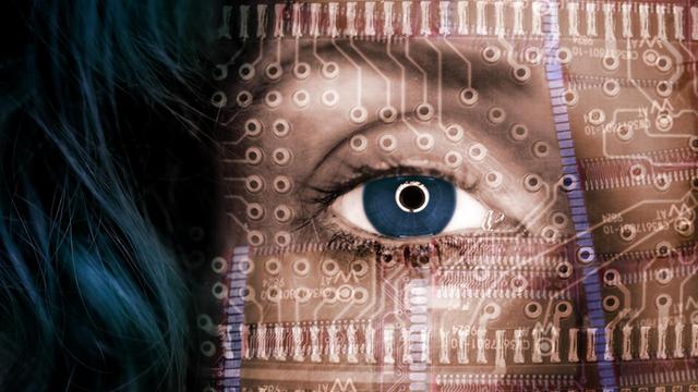 Weibliches Gesicht mit Computerplatinen, Symbolfoto künstliche Intelligenz