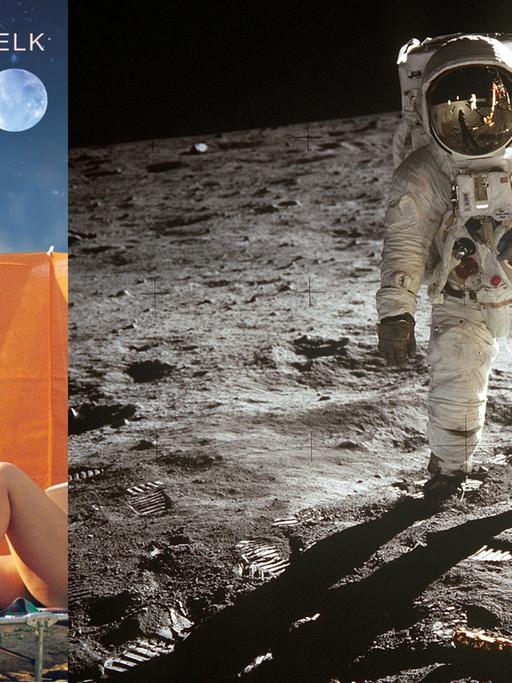 Buchcover: Ulrich Woelk: „Der Sommer meiner Mutter“ und Astronaut Buzz Aldrin auf dem Mond