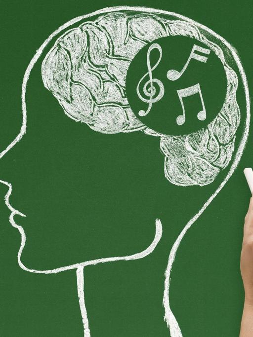 Illustration: eine Hand malt mit Kreide Musiknoten in ein menschliches Gehirn.