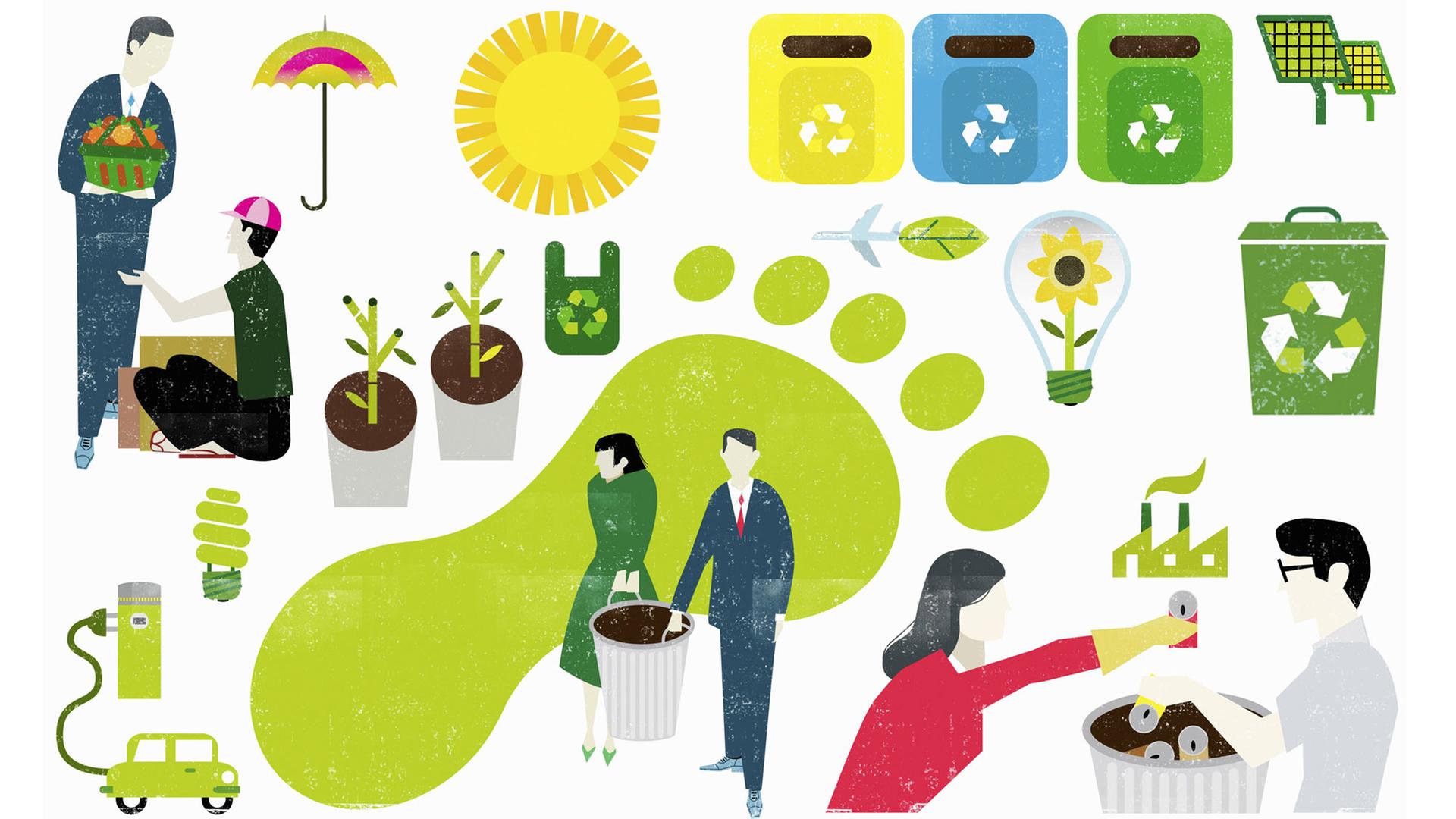 Collage von umweltfreundlichen Symbolen und Menschen mit einem CO2-Fußabdruck