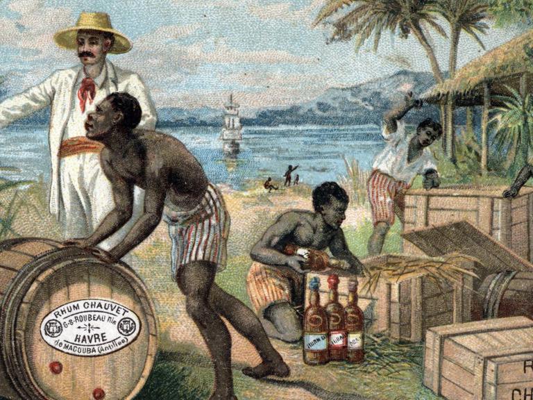 Sklaven verpacken Rum für den Transport nach Europa.