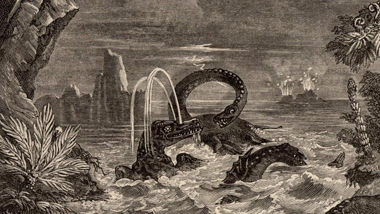 Dinosaurer in der Vorstellungswelt des 19. Jahrhunderts - Illustration von 1881. Dinosaurer in der Vorstellungswelt des 19. Jahrhunderts - Illustration von 1881.