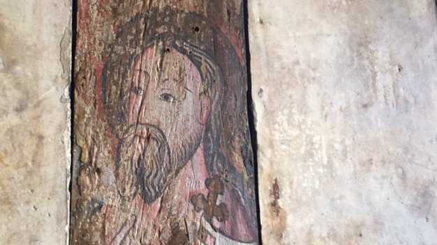 Ein Heiligenbild im Fachwerk des Geburtshauses von Shakespeare Ein Heiligenbild im Fachwerk des Geburtshauses von Shakespeare