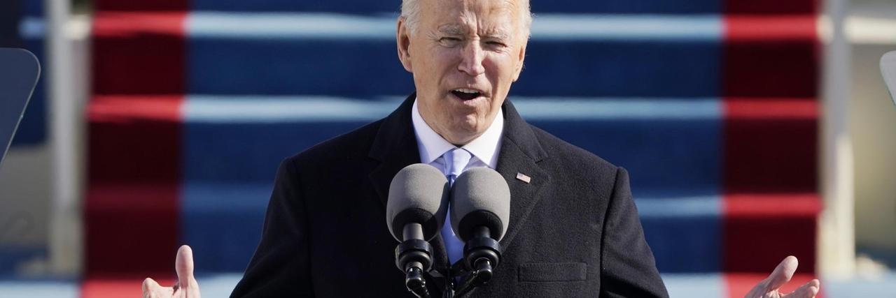 Präsident Joe Biden spricht während der 59. Amtseinführung des Präsidenten im US-Kapitol. Präsident Joe Biden spricht während der 59. Amtseinführung des Präsidenten im US-Kapitol.