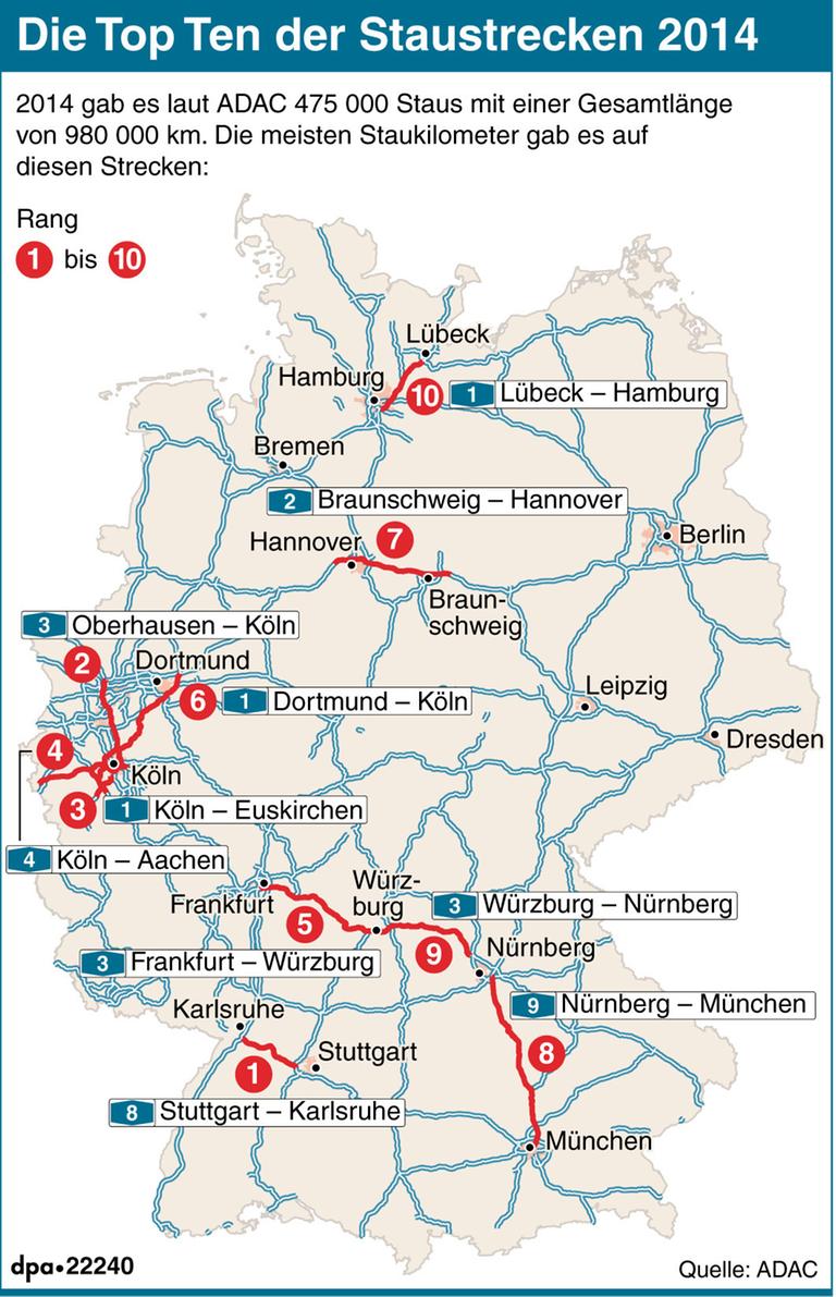 Karte mit Top Ten der Staustrecken 2014. Karte mit Top Ten der Staustrecken 2014.