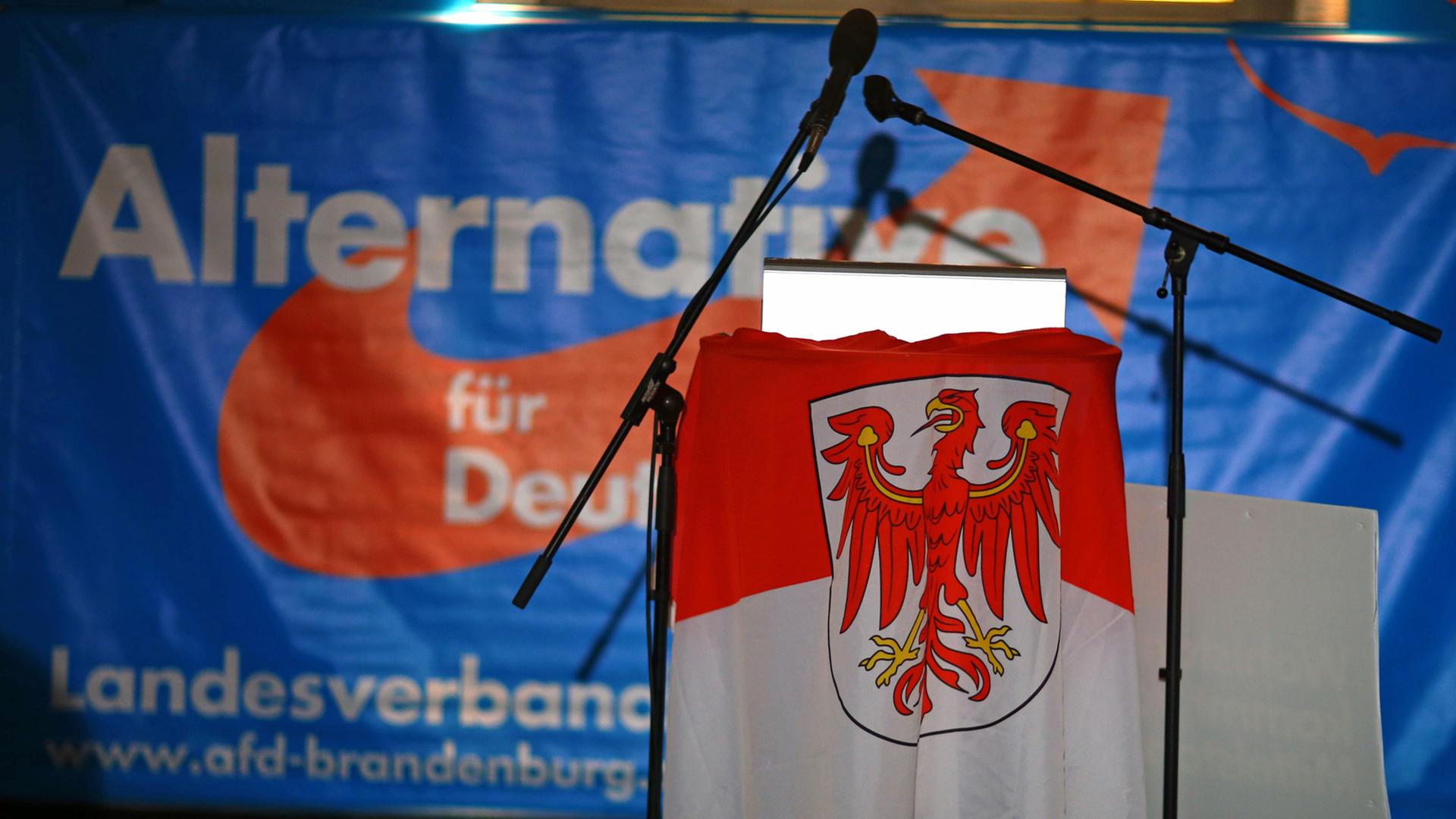 Die Brandenburgfahne hängt am 14.09.2014 in Potsdam über dem Rednerpult bei der AfD-Wahlparty. Die Brandenburgfahne hängt am 14.09.2014 in Potsdam über dem Rednerpult bei der AfD-Wahlparty.