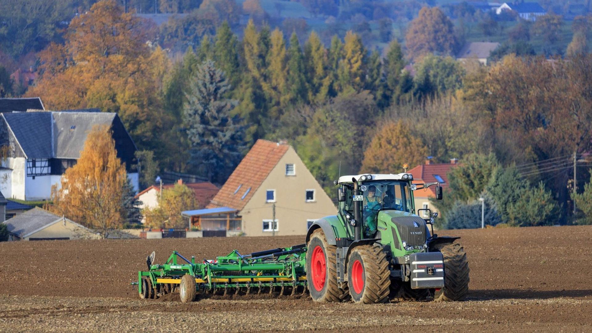 Herbstbestellung um die Ortschaft Penig im Landkreis Mittelsachsen. Ein Pflug auf den abgeernteten Feldern vor der Ortschaft. Herbstbestellung um die Ortschaft Penig im Landkreis Mittelsachsen. Ein Pflug auf den abgeernteten Feldern vor der Ortschaft.