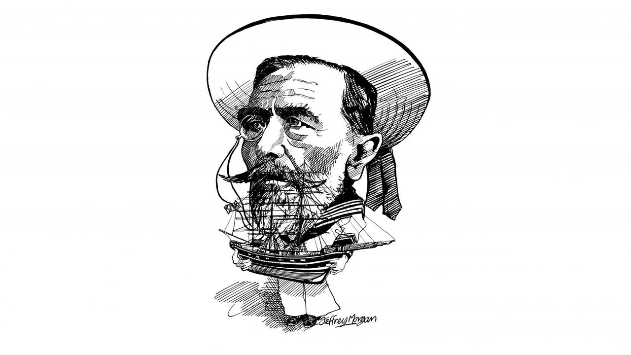 Eine Karikatur zeigt Joseph Conrad mit einem Segelschiff in den Händen. Eine Karikatur zeigt Joseph Conrad mit einem Segelschiff in den Händen.