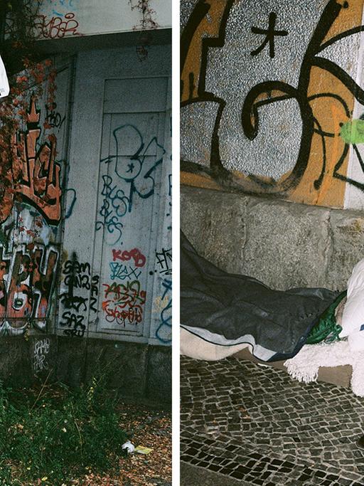 Fotomontage von zwei Fotos, auf denen der Schauspieler Lars Eidinger eine Designertasche präsentiert.