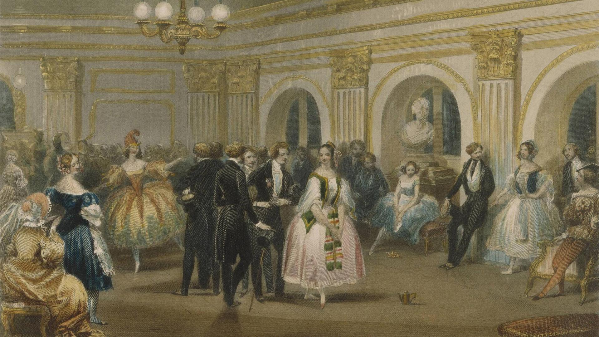 Die Académie Royale de Musique in Paris (Opéra), sogenannte Salle le Peletier, in der Rue Le Peletier. Das 1820/21 erbaute Gebäude war die Spielstätte der Opéra von 1821 bis 1873. Foyer des Acteurs à lOpéra. Stahlstich, koloriert, 1841, von Robert Staines (18051849) nach Eugène Lami (18001890). Paris, Bibliothèque de lOpéra.