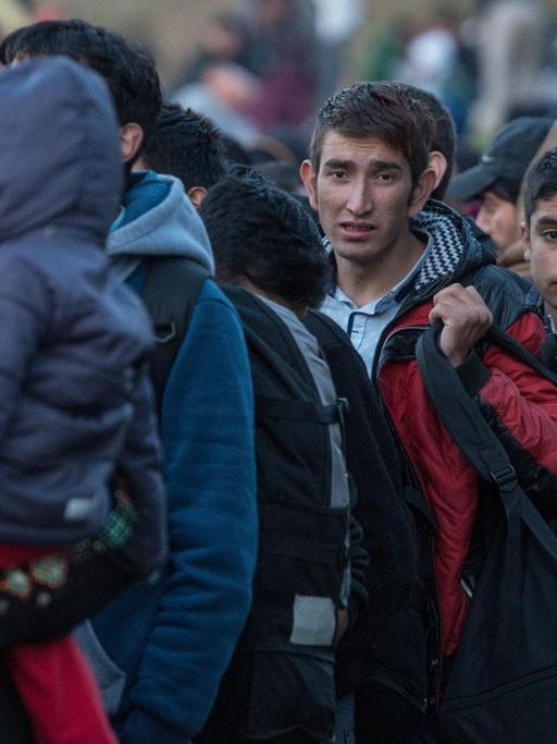 Flüchtlinge warten am 28.10.2015 an der deutsch-österreichischen Grenze in Österreich vor Wegscheid (Bayern) auf ihre Einreise nach Deutschland.