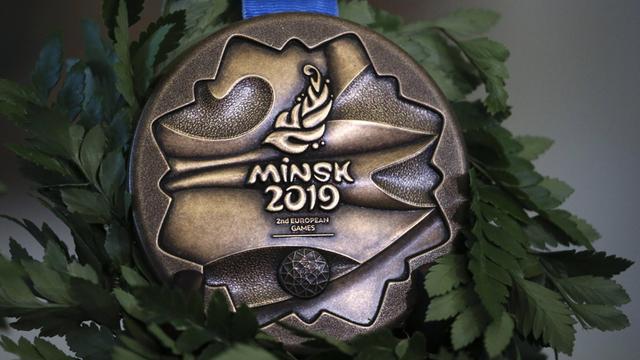 GRODNO REGION, BELARUS - MAY 21, 2019: The medals unveiled at the Mir Castle ahead of the 2019 Europaspiele scheduled to start in Minsk on June 21. Natalia Fedosenko/TASS PUBLICATIONxINxGERxAUTxONLY TS0AC16E