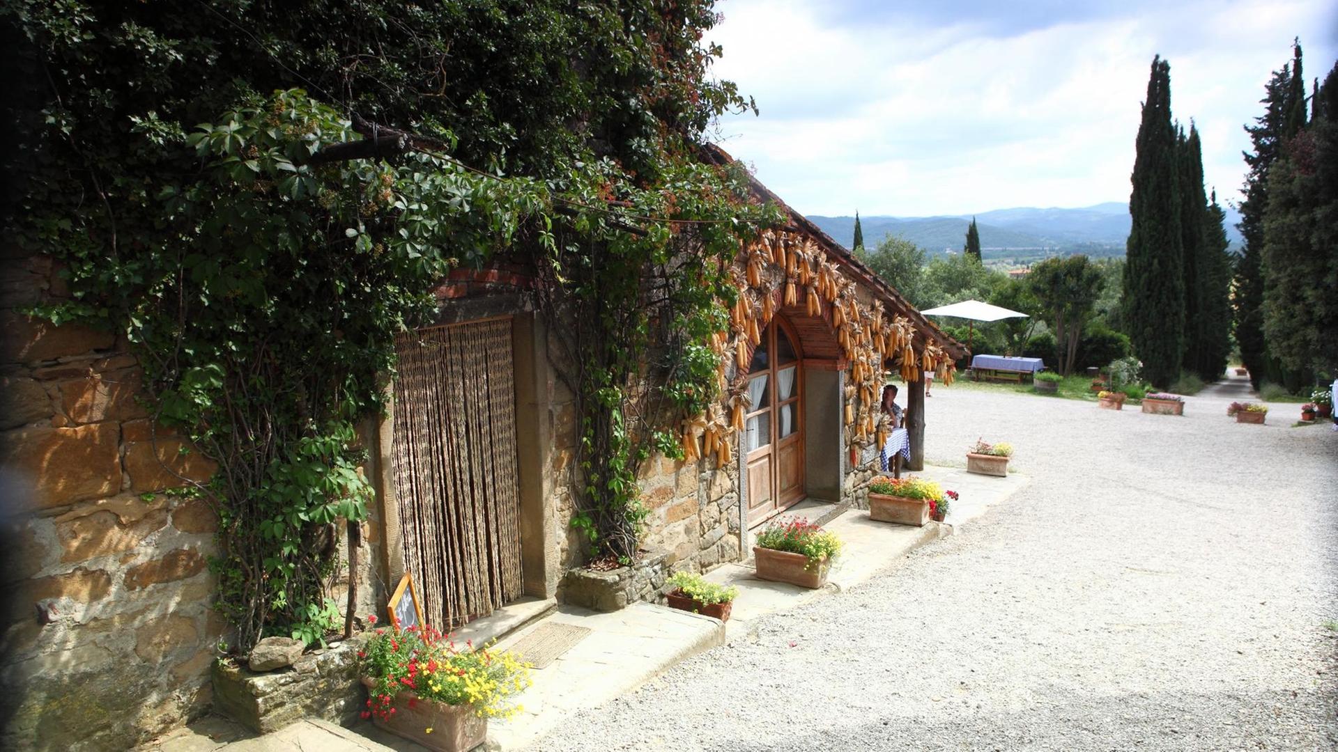 Blick auf ein Gebäude der Fattoria la Vialla, einer bekannten Farm in der Toskana. | Verwendung weltweit