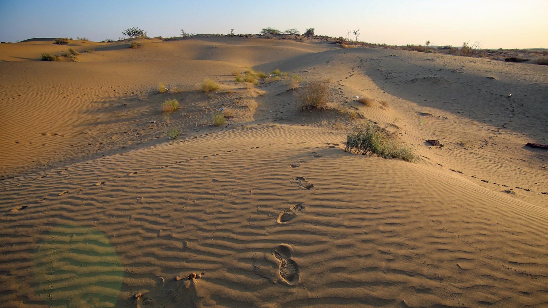 Im Sand der Großen Indischen Wüste sind Fußspuren zu sehen. Im Sand der Großen Indischen Wüste sind Fußspuren zu sehen.