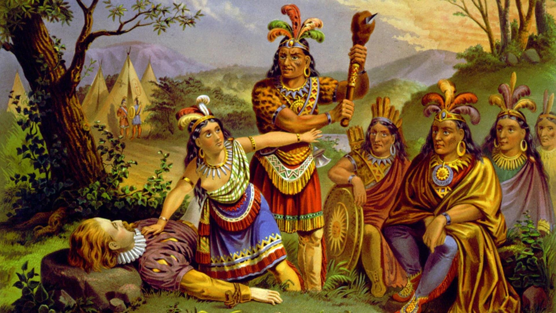 Illustration: Pocahontas rettet das Leben von Kapitän John Smith, 1870.