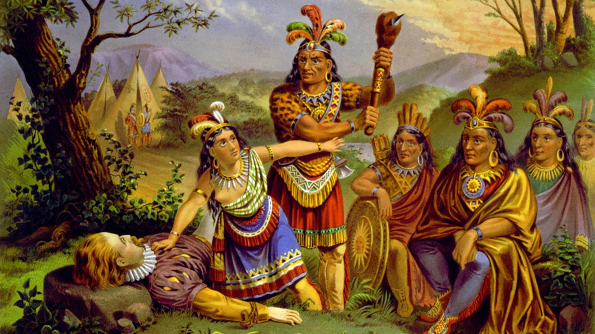 Illustration: Pocahontas rettet das Leben von Kapitän John Smith, 1870. Illustration: Pocahontas rettet das Leben von Kapitän John Smith, 1870.