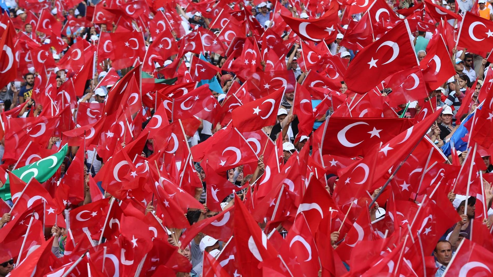 Sie sehen hunderte türkische Fahnen auf einer Großkundgebung. Sie sehen hunderte türkische Fahnen auf einer Großkundgebung.