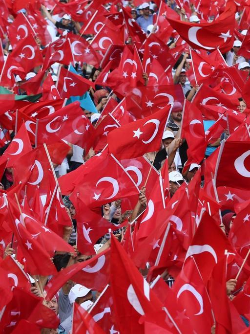 Sie sehen hunderte türkische Fahnen auf einer Großkundgebung.