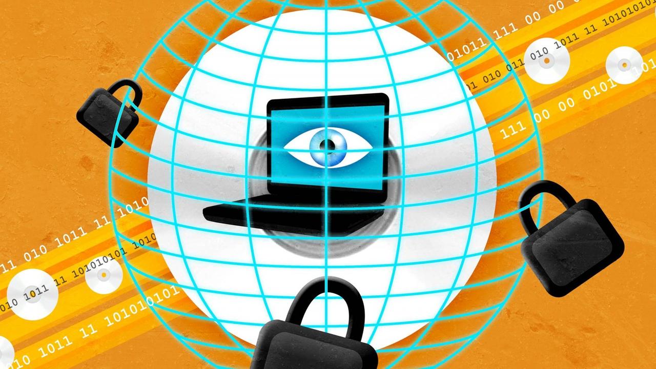 Illustration mit Laptop, Auge, Netz und Schlössern Illustration mit Laptop, Auge, Netz und Schlössern