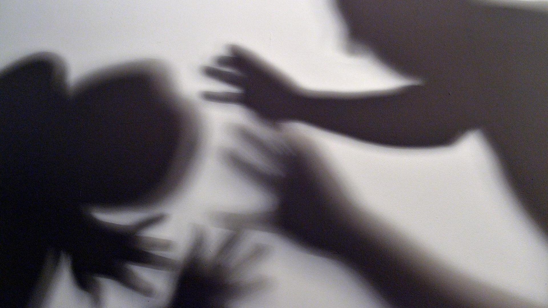 Schatten von Händen und zwei Menschen am Bildrand symbolisieren, wie eine Frau versucht, sich vor der Gewalt eines Mannes zu schützen. Schatten von Händen und zwei Menschen am Bildrand symbolisieren, wie eine Frau versucht, sich vor der Gewalt eines Mannes zu schützen.