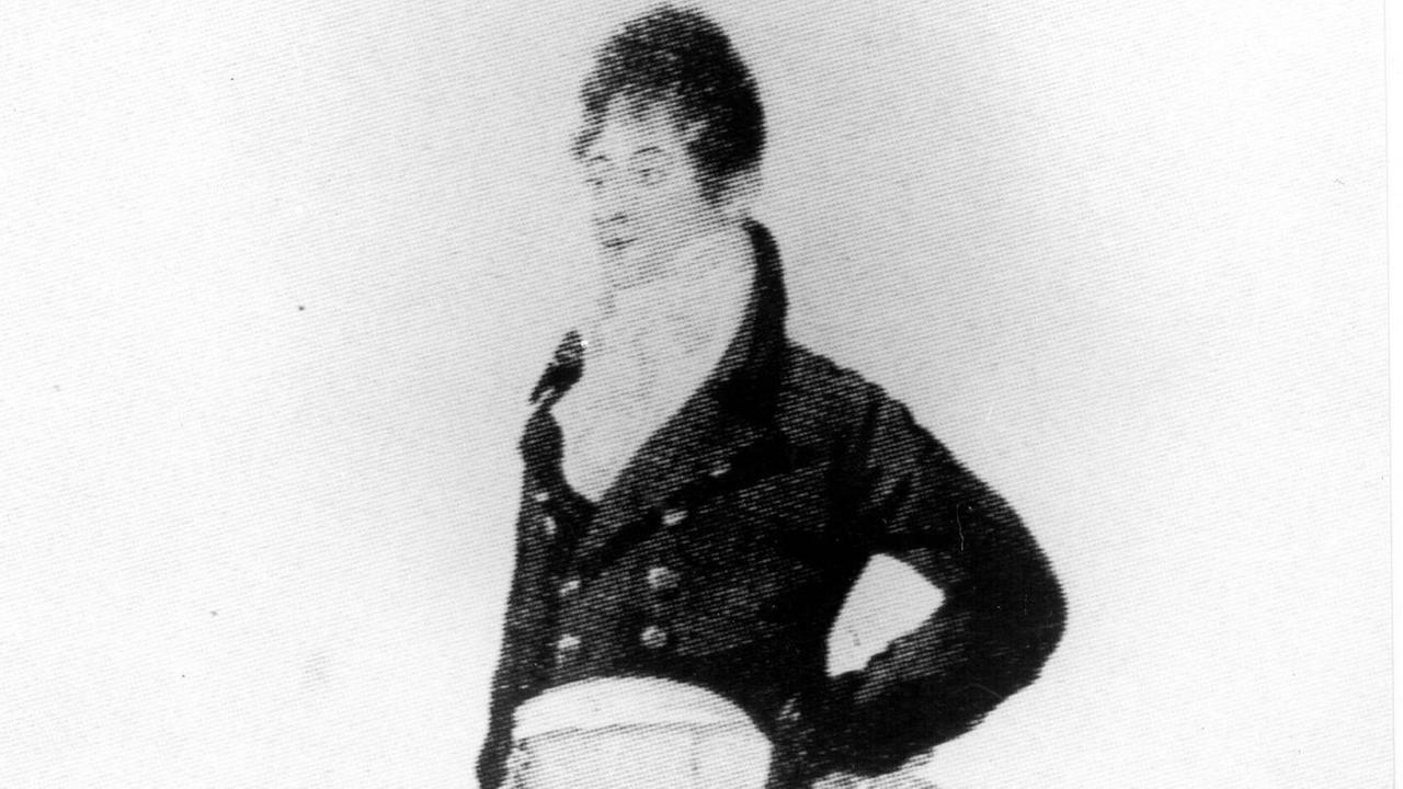 Porträt von Lord George Bryan Brummel in einem exzentrisch geschnittenen Frack.
