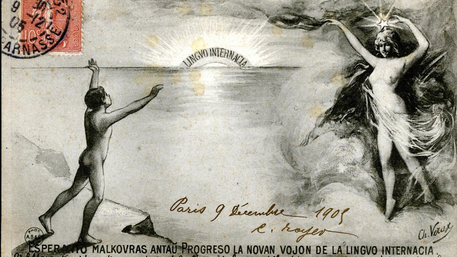 Eine Werbe-Postkarte für die Plansprache Esperanto aus dem Jahr 1905.