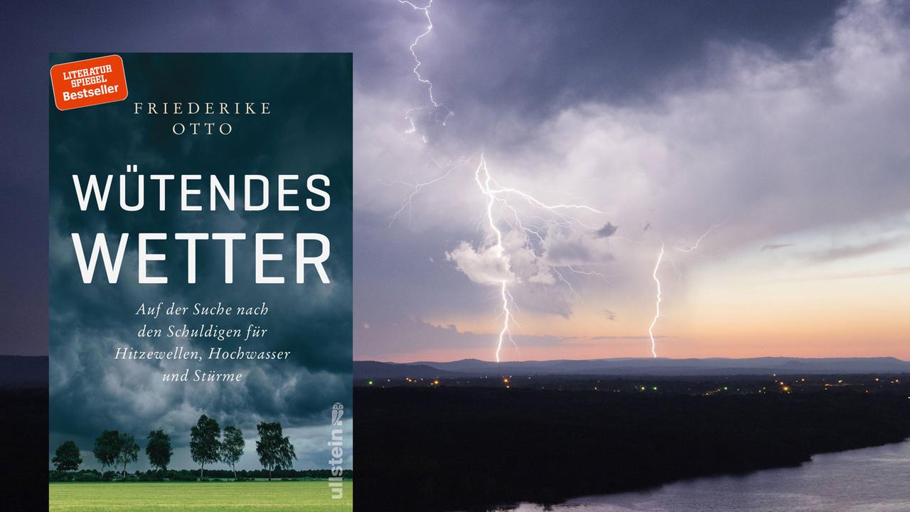 Montage: Buchcover von "Wütendes Wetter" und Blitze am Gwitterhimmel.
