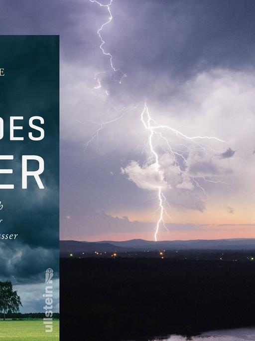 Montage: Buchcover von "Wütendes Wetter" und Blitze am Gwitterhimmel.