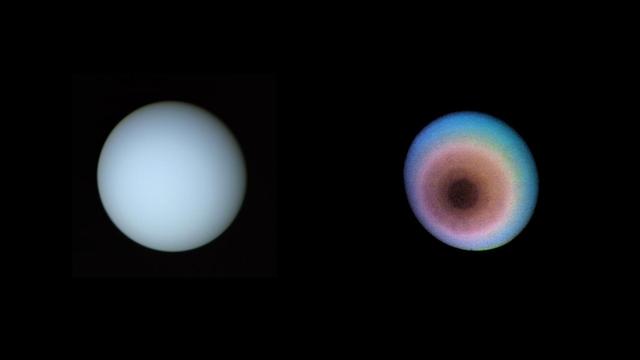 Uranus, gesehen von Voyager-2 vor 25 Jahren - links ohne, rechts mit Bildverarbeitung