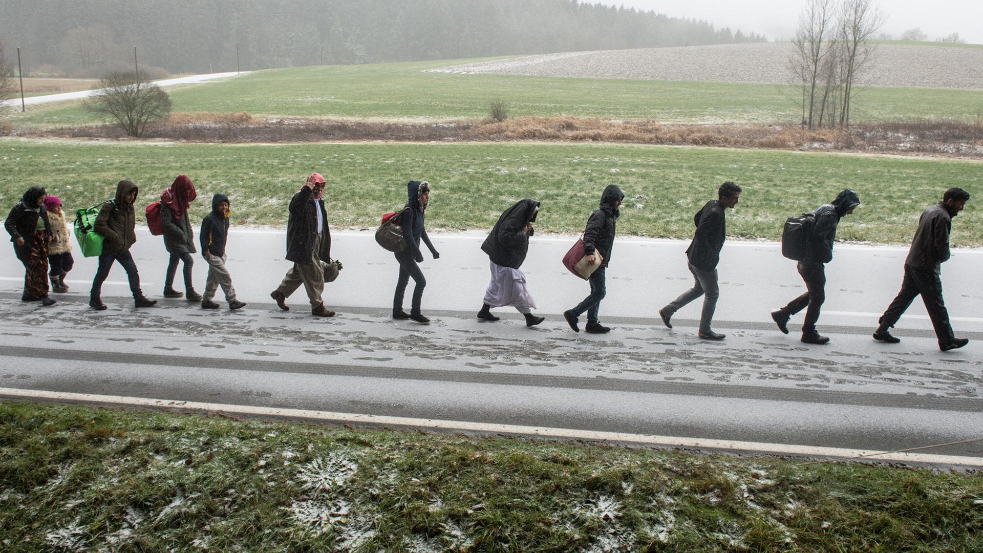 Flüchtlinge gehen an der deutsch-österreichischen Grenze nahe Wegscheid während eines Schneeschauers nach Deutschland. Flüchtlinge gehen an der deutsch-österreichischen Grenze nahe Wegscheid während eines Schneeschauers nach Deutschland.