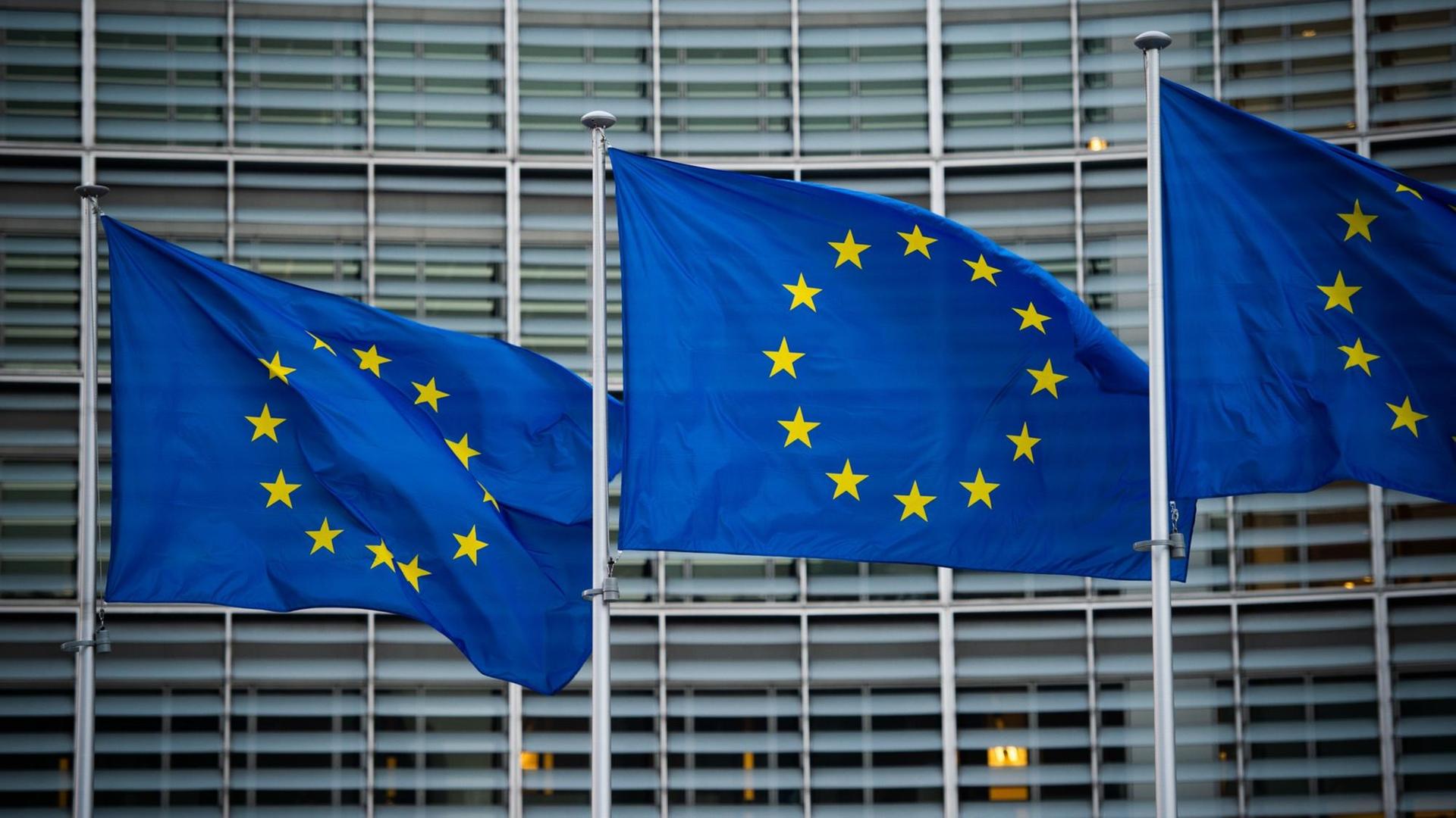 Flaggen der Europäischen Union wehen im Wind vor dem Berlaymont-Gebäude der Europäischen Kommission in Brüssel. Flaggen der Europäischen Union wehen im Wind vor dem Berlaymont-Gebäude der Europäischen Kommission in Brüssel.