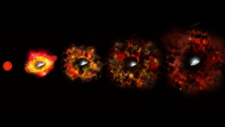 Während die äußere Hülle langsam expandiert, hat sich im Zentrum ein Schwarzes Loch gebildet, das einen Teil der zurückstürzenden Materie aufnimmt (künstlerische Darstellung) Während die äußere Hülle langsam expandiert, hat sich im Zentrum ein Schwarzes Loch gebildet, das einen Teil der zurückstürzenden Materie aufnimmt (künstlerische Darstellung)