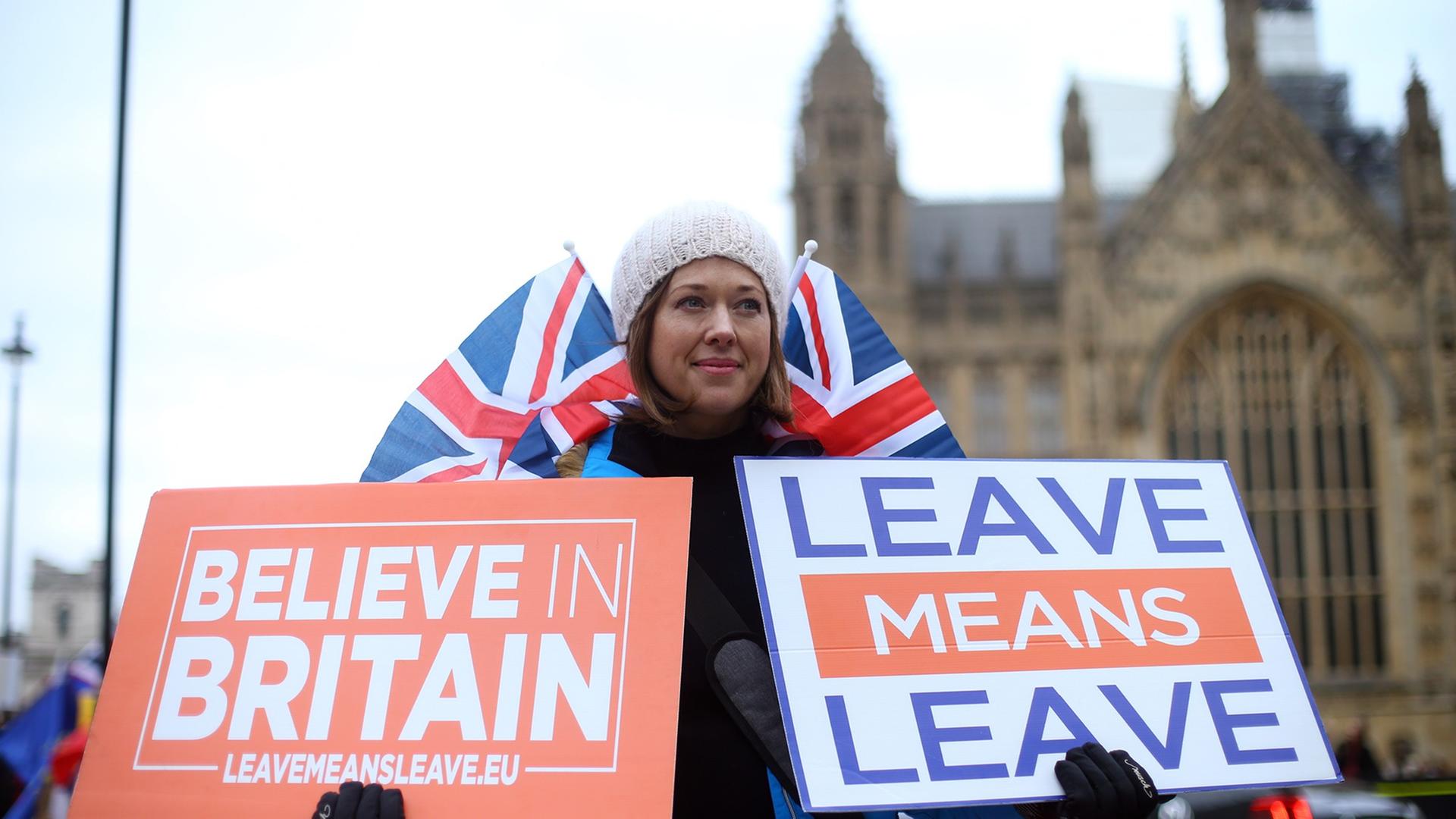 Eine Frau protestiert am 15.1.2019, dem Tag der Abstimmung, mit zwei Schildern vor dem britischen Unterhaus in London. Eine Frau protestiert am 15.1.2019, dem Tag der Abstimmung, mit zwei Schildern vor dem britischen Unterhaus in London.
