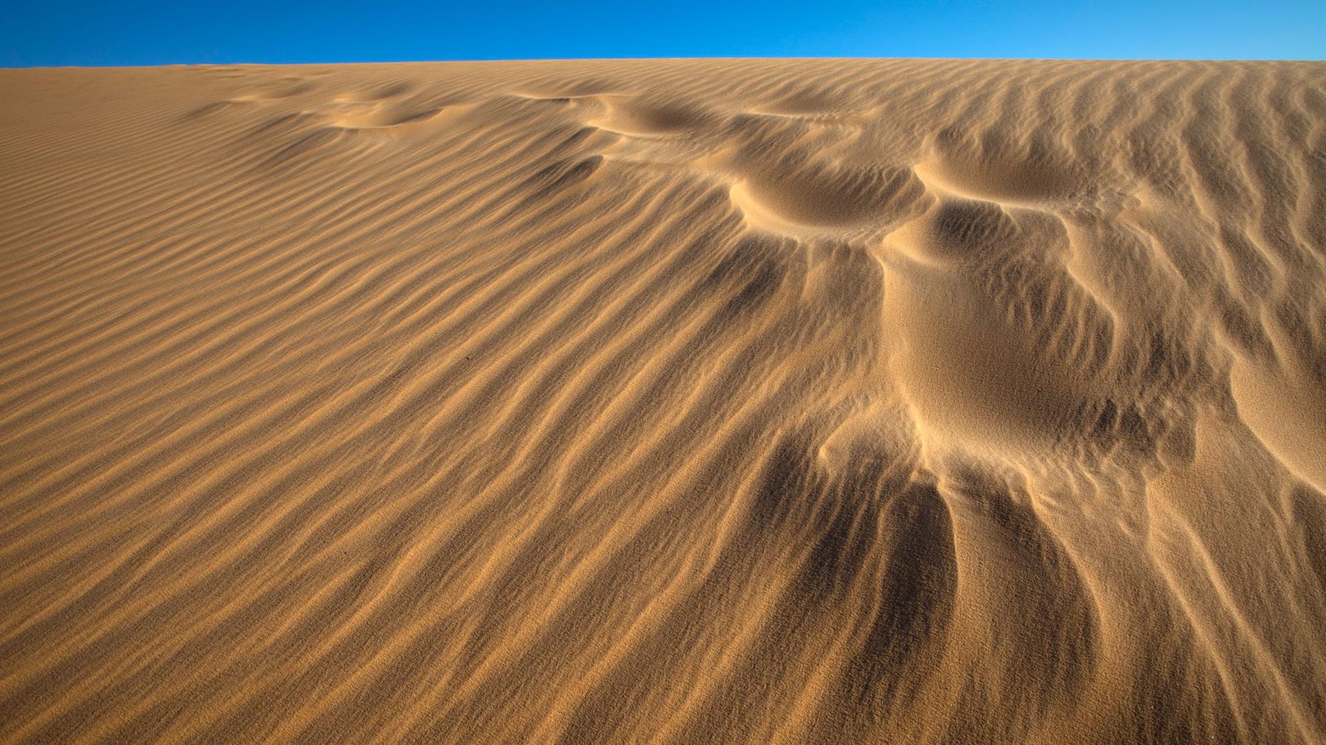 Verwehte Fußspuren auf einer Sanddüne bei Assuan in Ägypten, im Hintergrund blauer Himmel