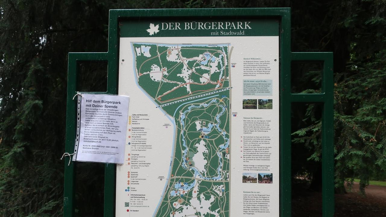 Spendenaufruf an die Parkbesucher auf dem Orientierungsplan im Bremer Bürgerpark. Spendenaufruf an die Parkbesucher auf dem Orientierungsplan im Bremer Bürgerpark.