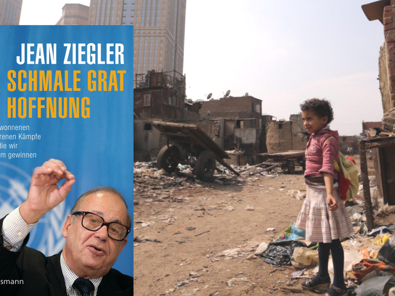 Buchcover "Der schmale Grat der Hoffnung" von Jean Ziegler. Im Hintergrund ein Mädchen in einem Slum in Kairo.