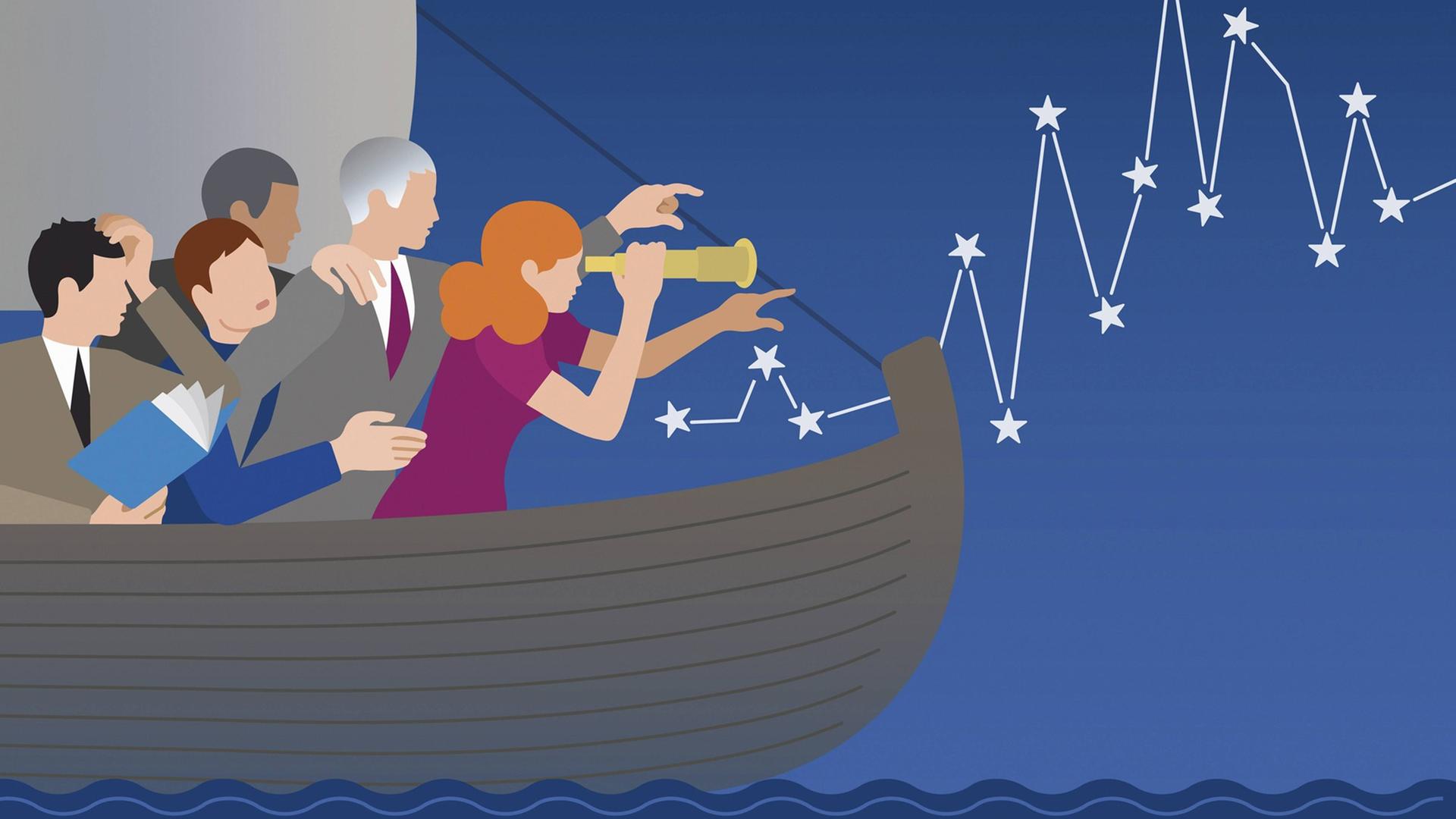 Eine Illustration zeigt Geschäftsleute auf einem Boot im Meer, die versuchen, sich zu orientieren. Eine Illustration zeigt Geschäftsleute auf einem Boot im Meer, die versuchen, sich zu orientieren.