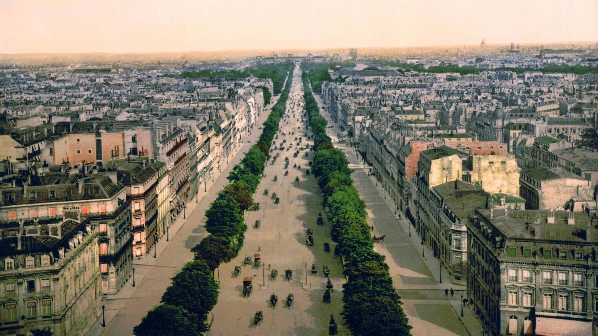 Der Pariser Champs-Élysées-Boulevard um 1890 auf einem kolorierten Foto. Der Pariser Champs-Élysées-Boulevard um 1890 auf einem kolorierten Foto.