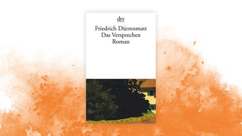 Das Cover von Dürrenmatts Buch "Das Versprechen" auf terrakottafarbenem Untergrund.